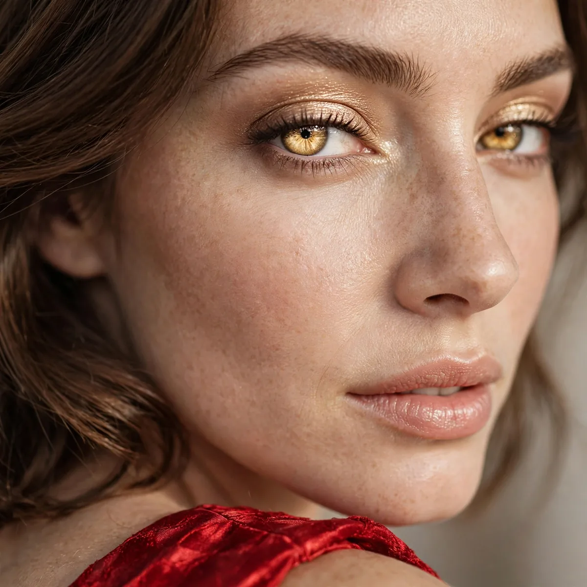 Champagne bright eye with red dress