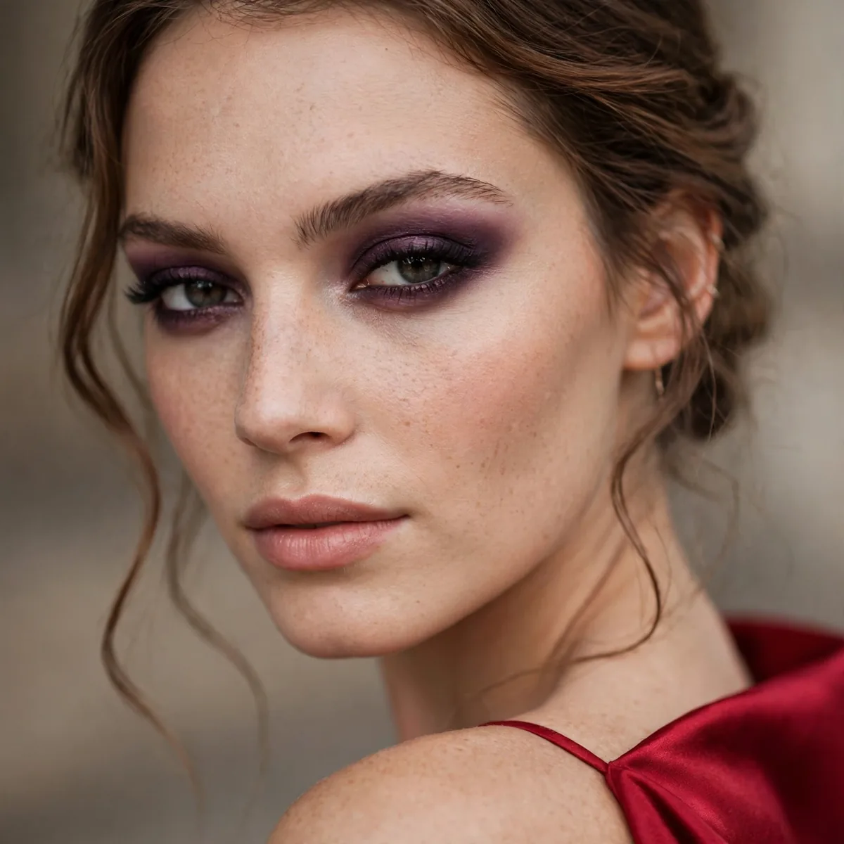 Plum smoky eye with red dress