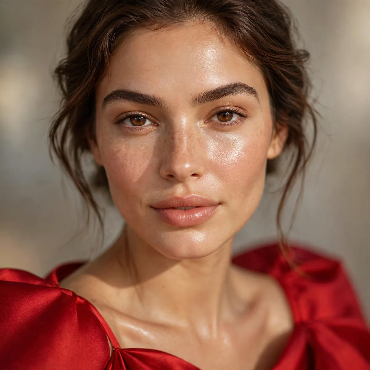 Natural brows with glowing skin and red dress