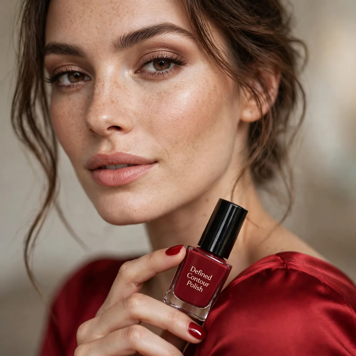 Defined contour polish with red dress