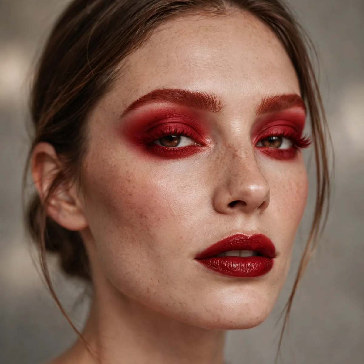 Monochromatic red-toned makeup