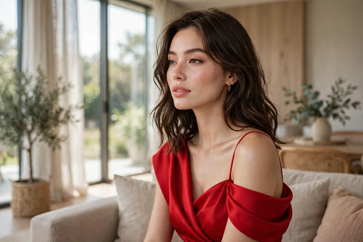 Balanced makeup look paired with a bold red dress