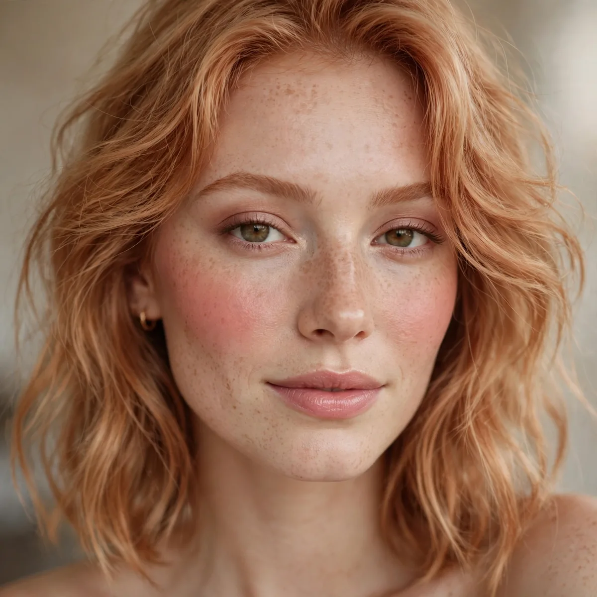 Warm rose blush with strawberry blonde hair