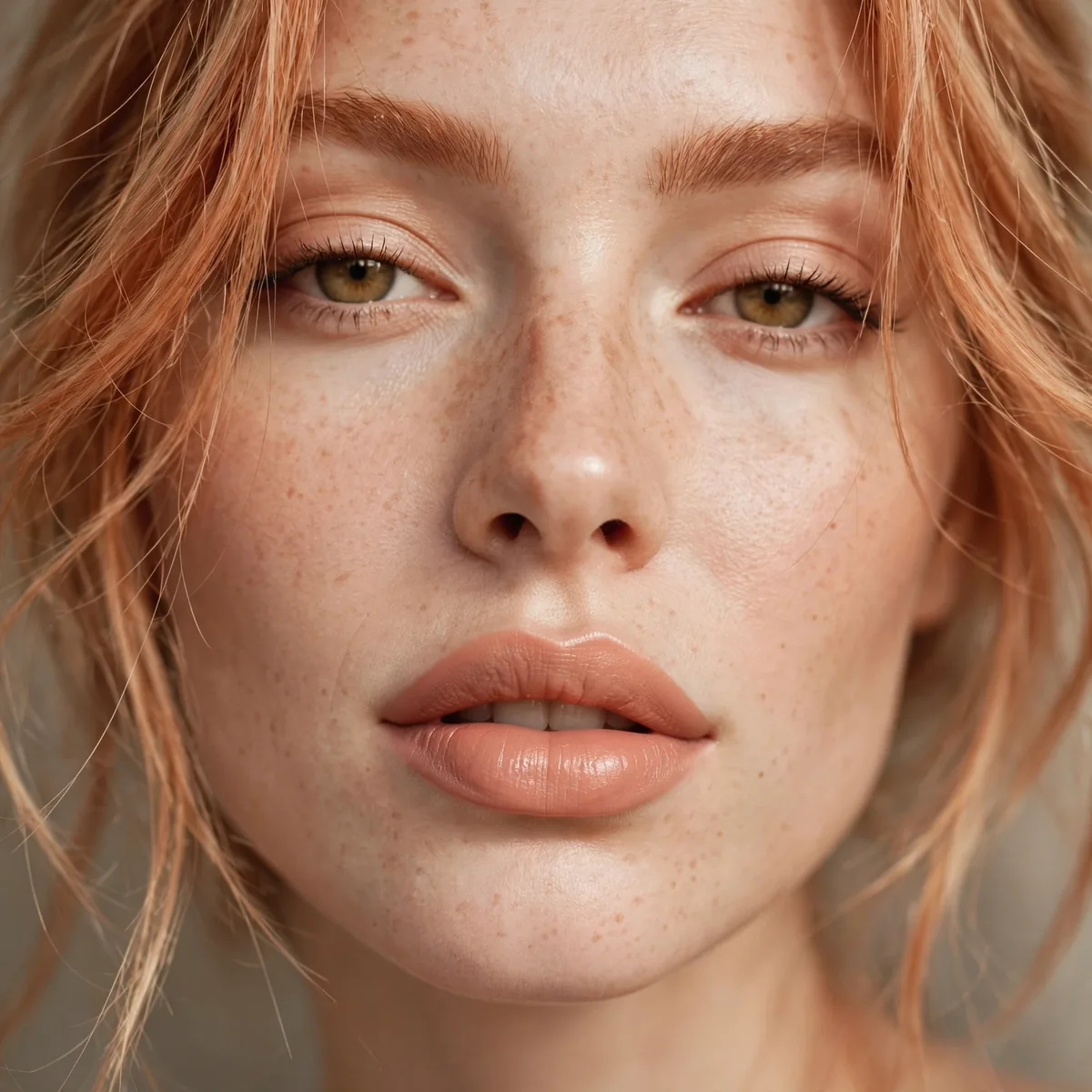 Nude-peach lipstick with strawberry blonde