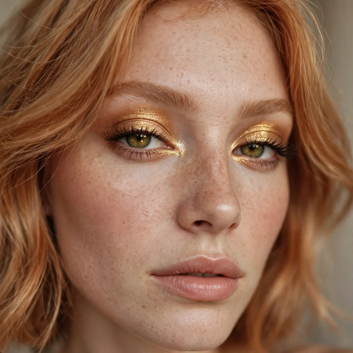 Golden shimmer eyeshadow with strawberry blonde