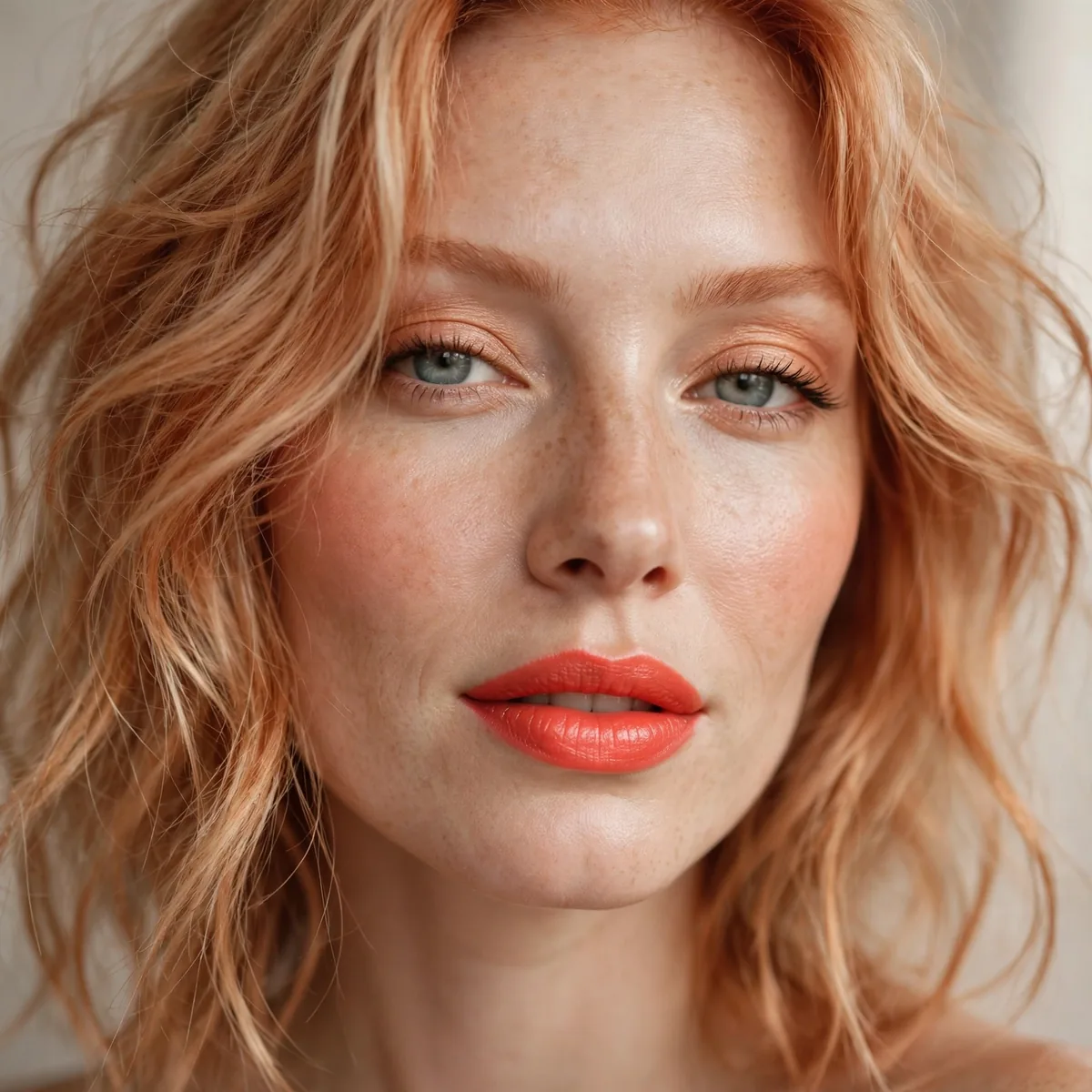 Coral lipstick with strawberry blonde hair
