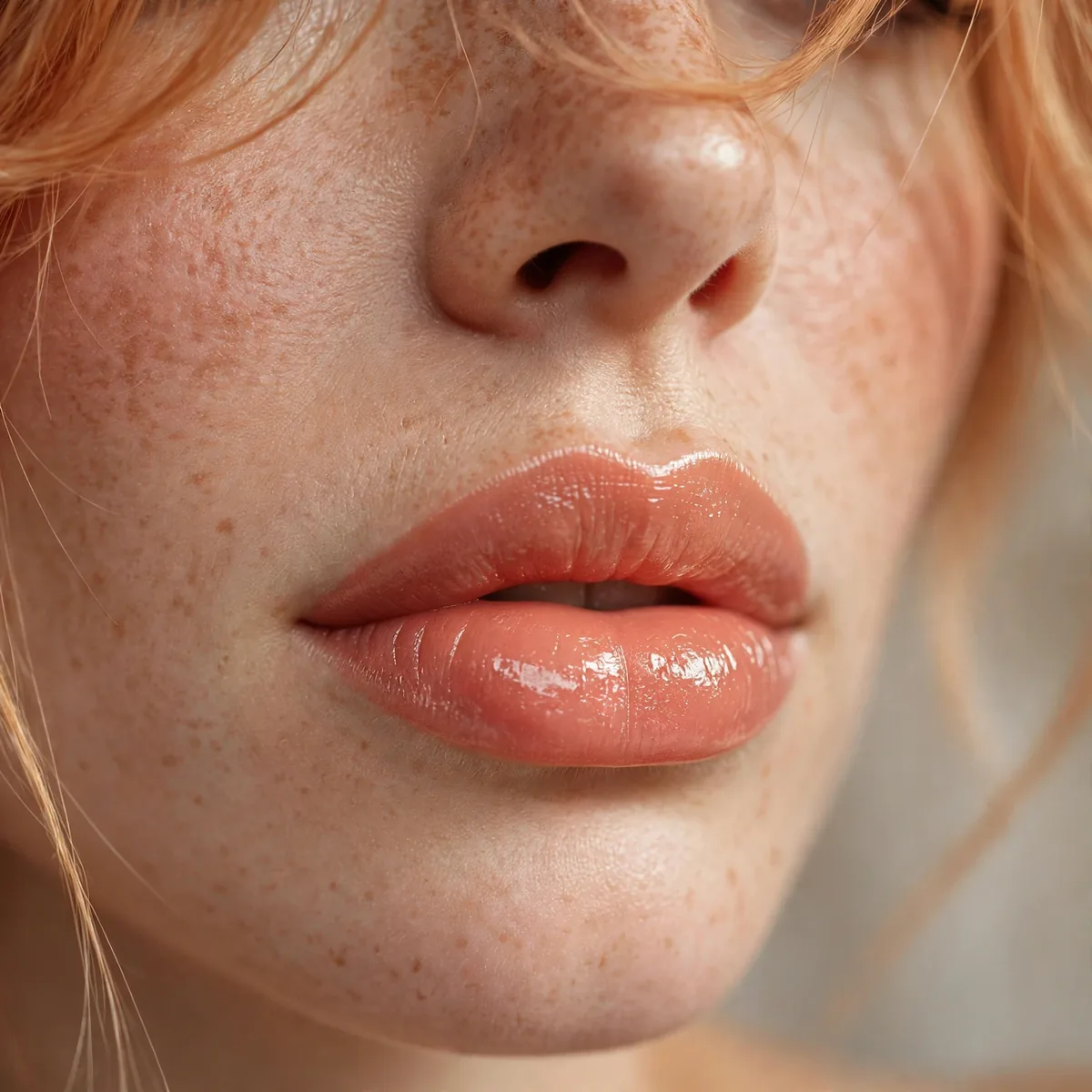 Glossy peach lips with strawberry blonde