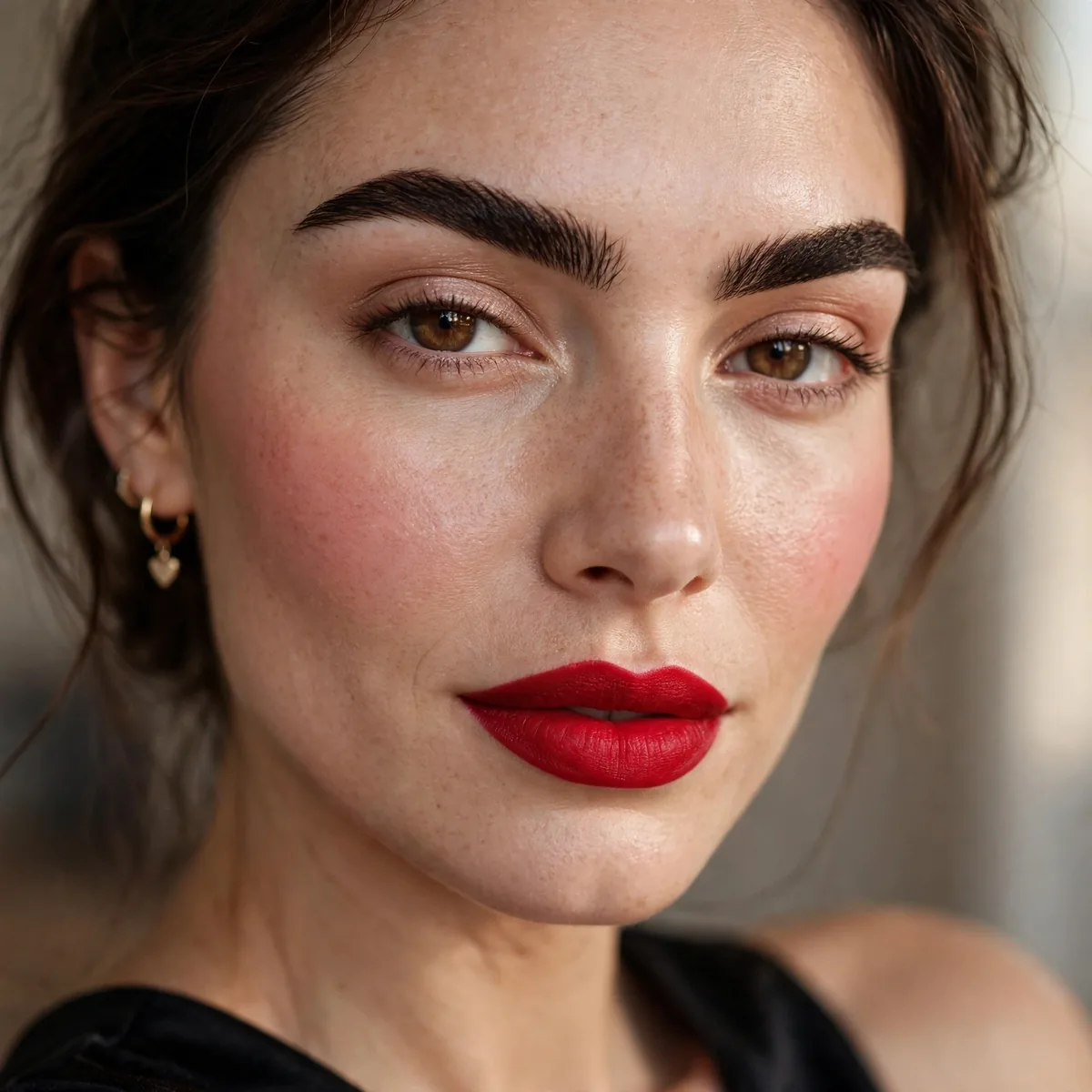 Bold brows with red lip Valentine's look