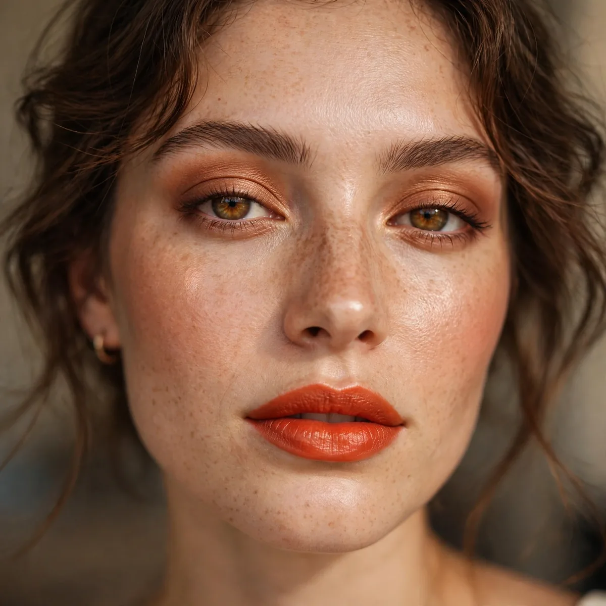 Orange-based red lipstick warm look