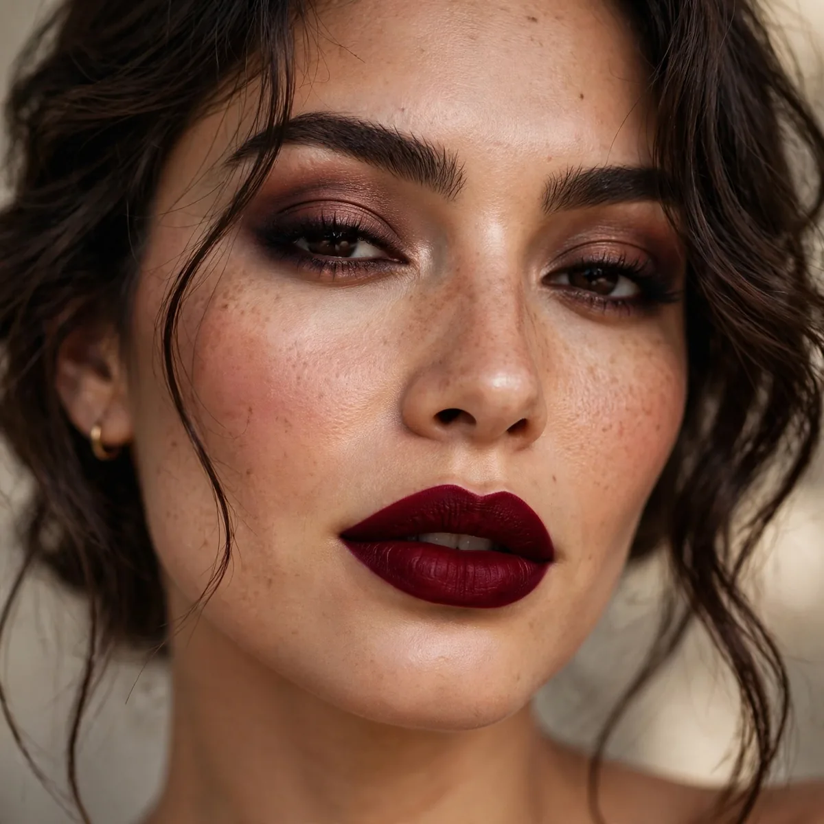 Deep wine red lipstick dramatic look