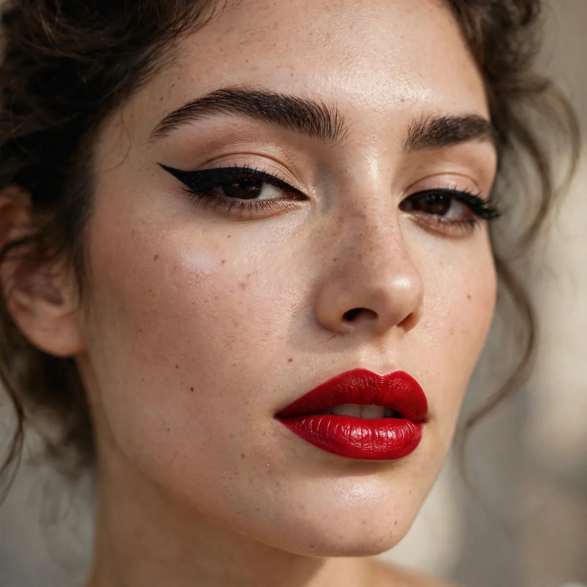 Red lipstick with winged eyeliner