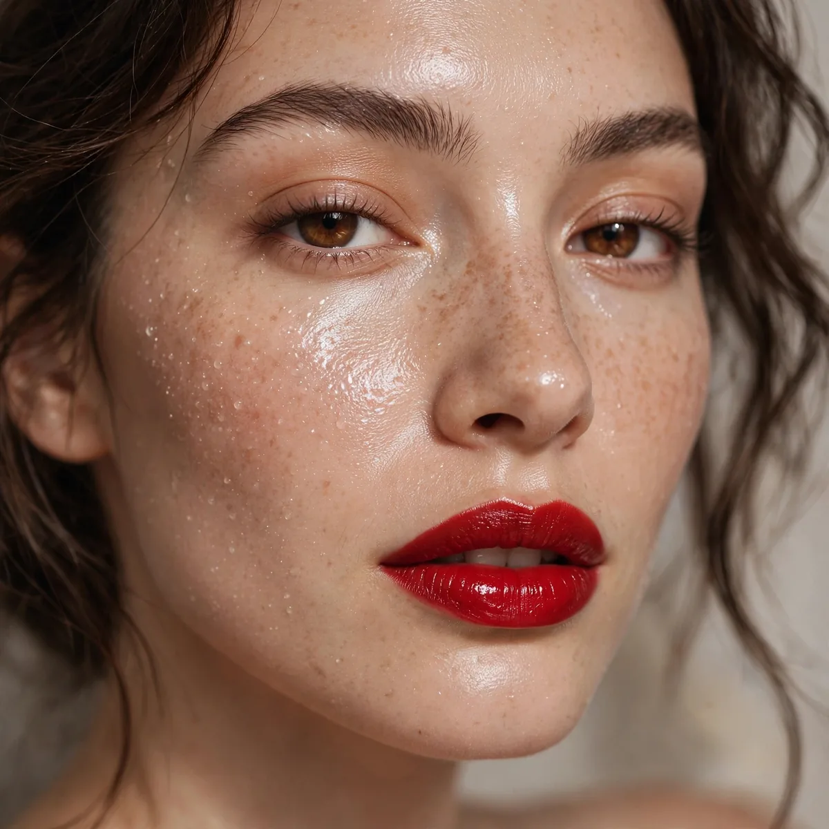 Red lipstick with dewy glowing skin