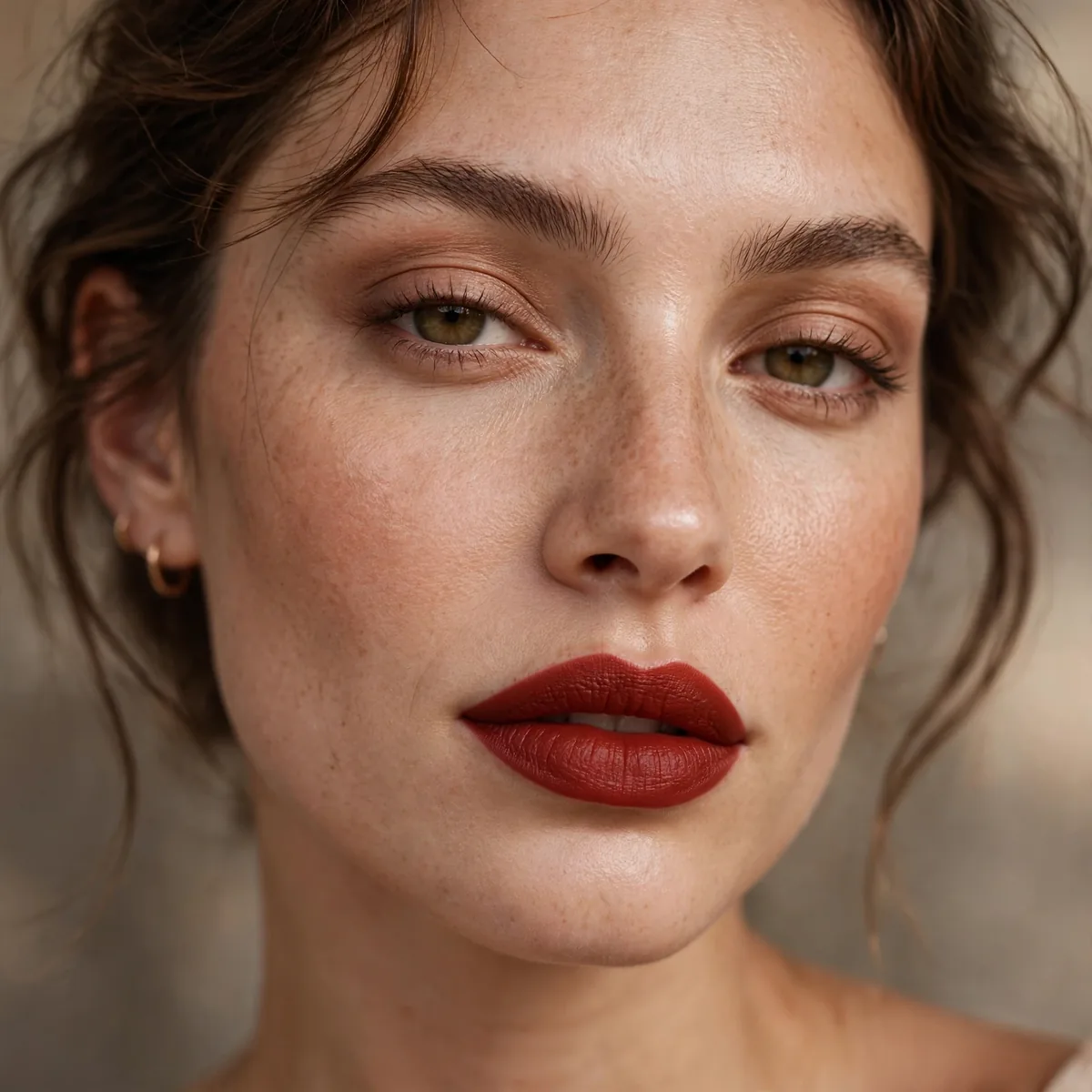 Brick red earthy lipstick look