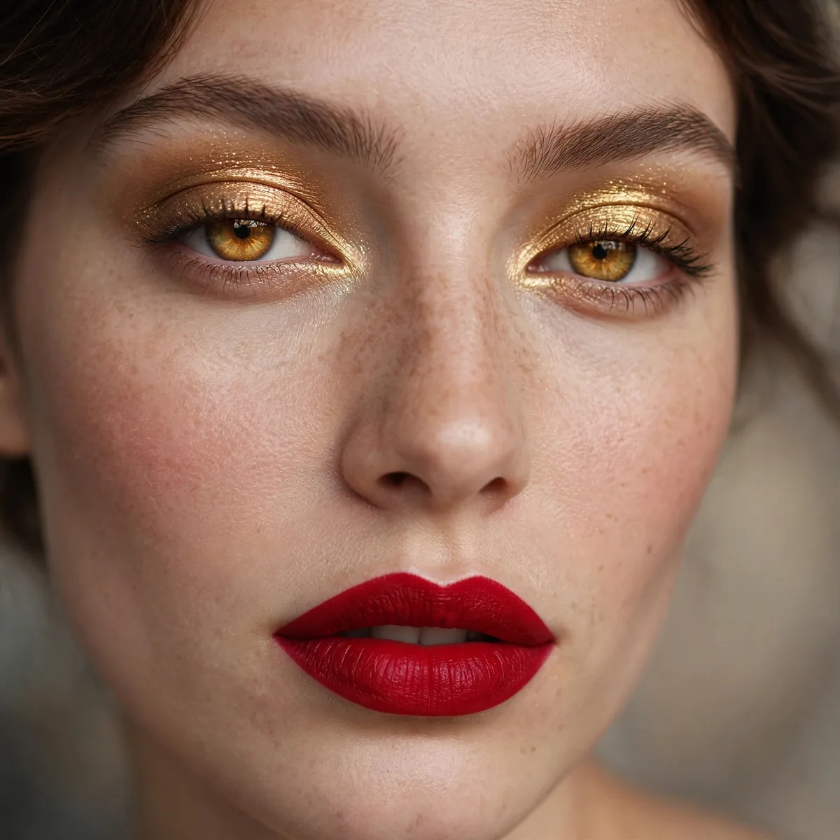 Red lipstick with gold eyeshadow