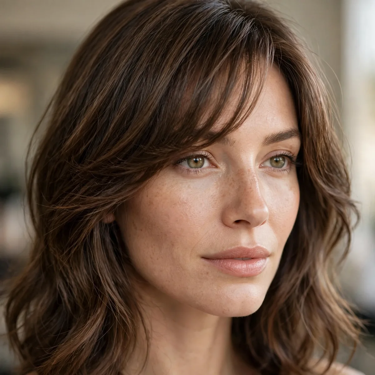 Side-swept bangs with medium hair