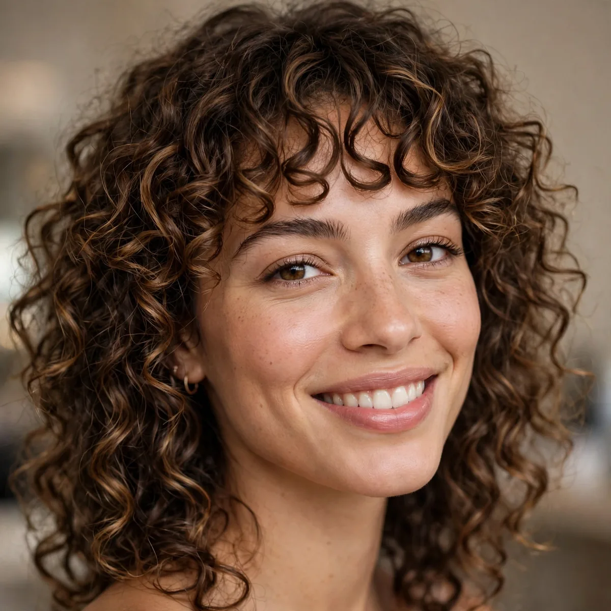 Curly bangs with medium curly hair