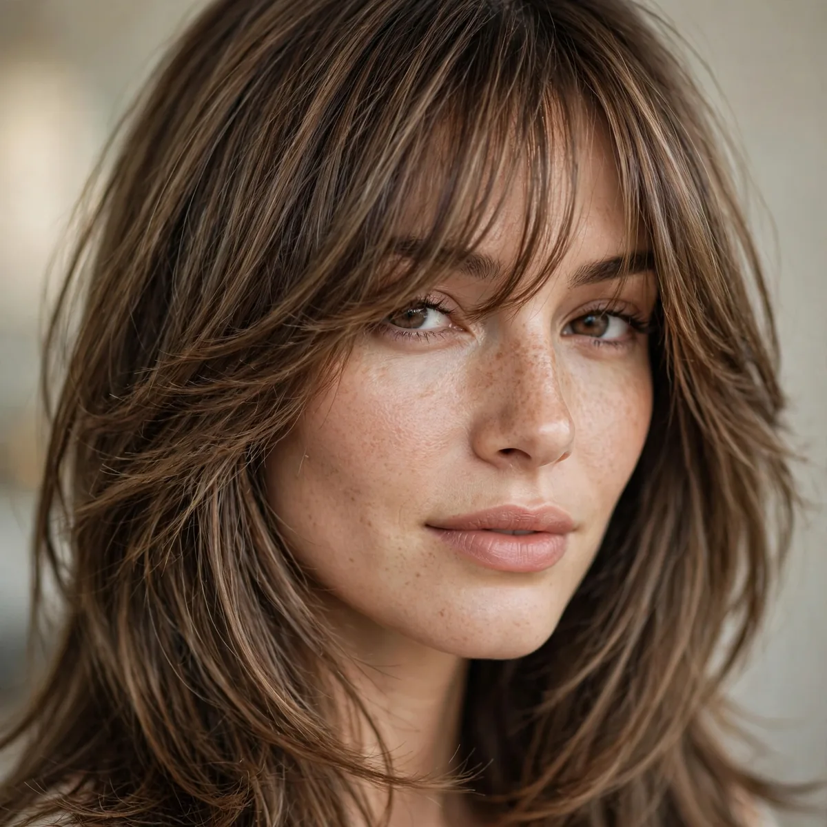Long layered bangs with medium hair