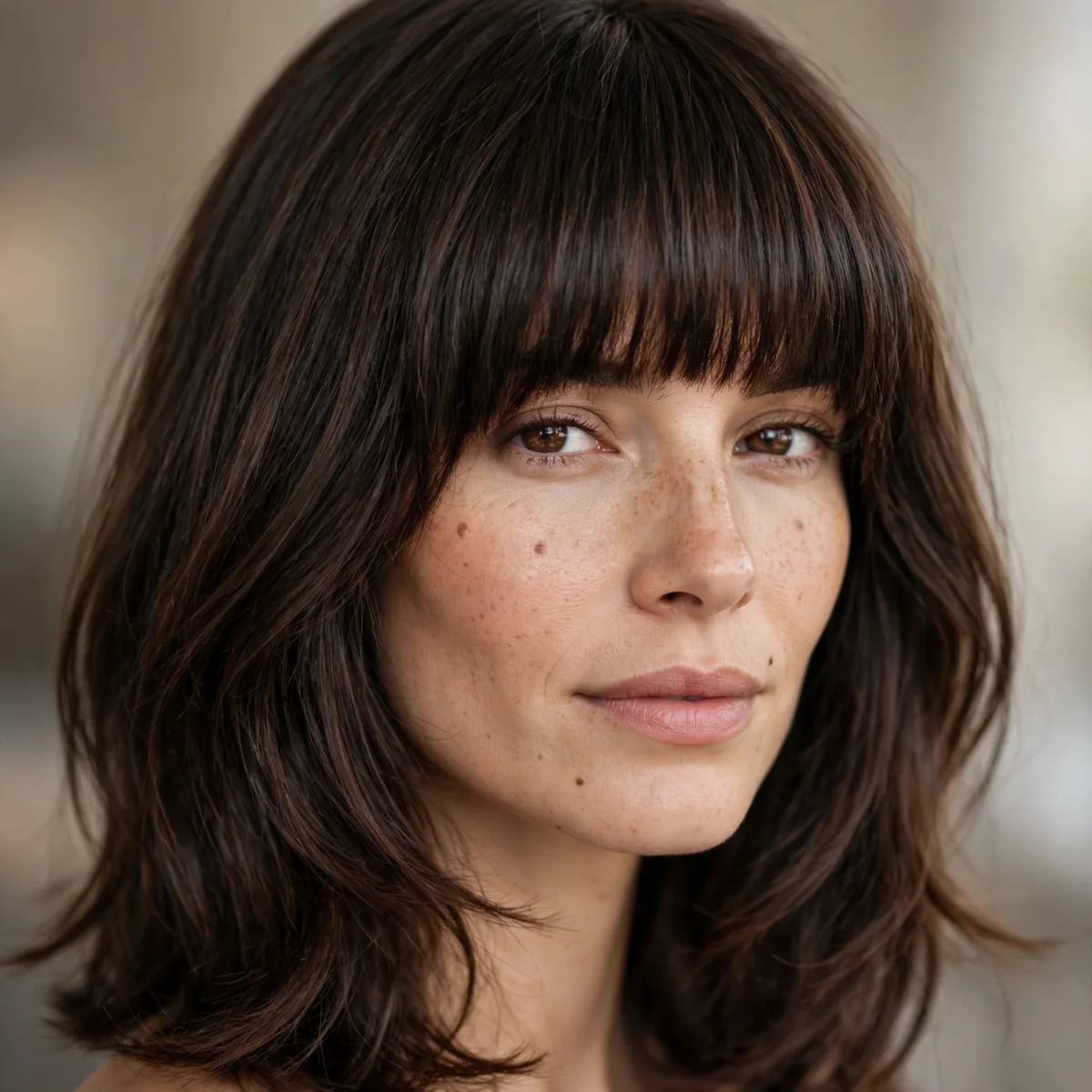 Thick full bangs with medium hair