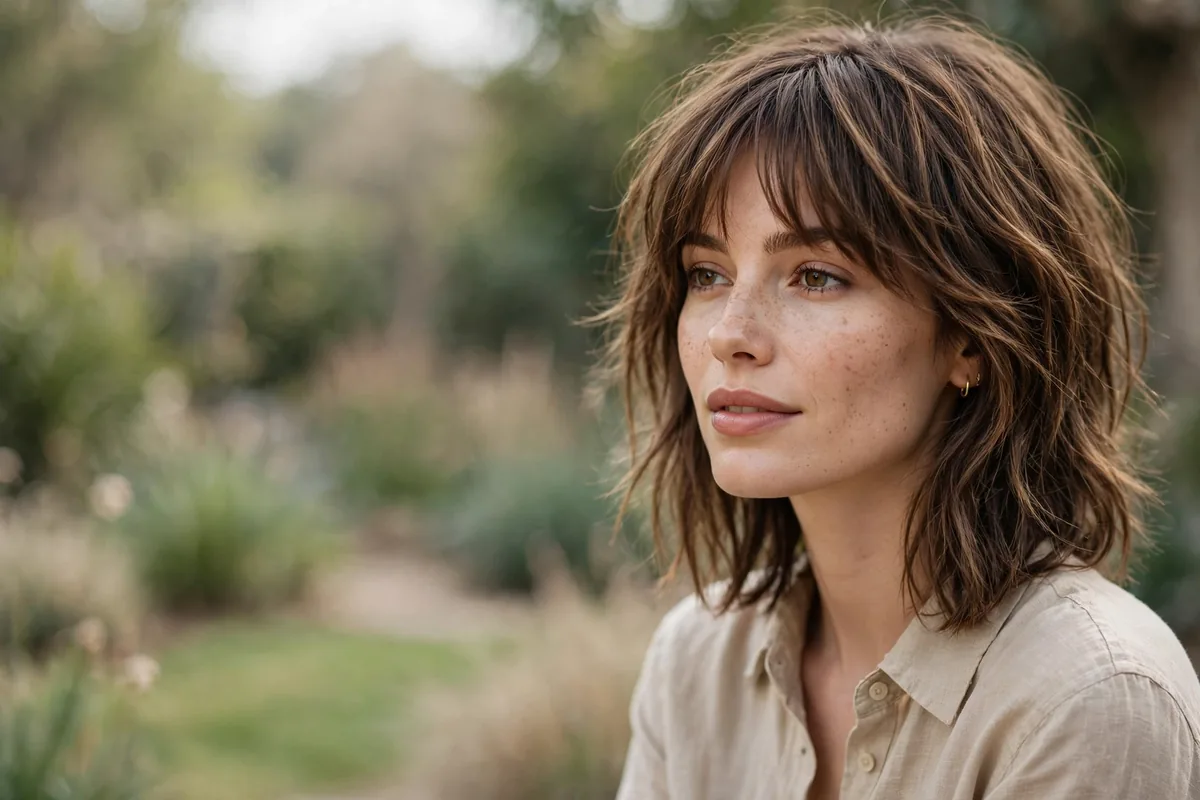 Textured medium-length shag haircut with curtain bangs