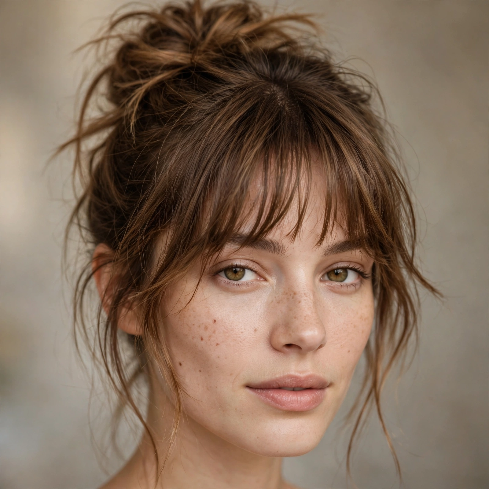 Messy bun hairstyle with bangs