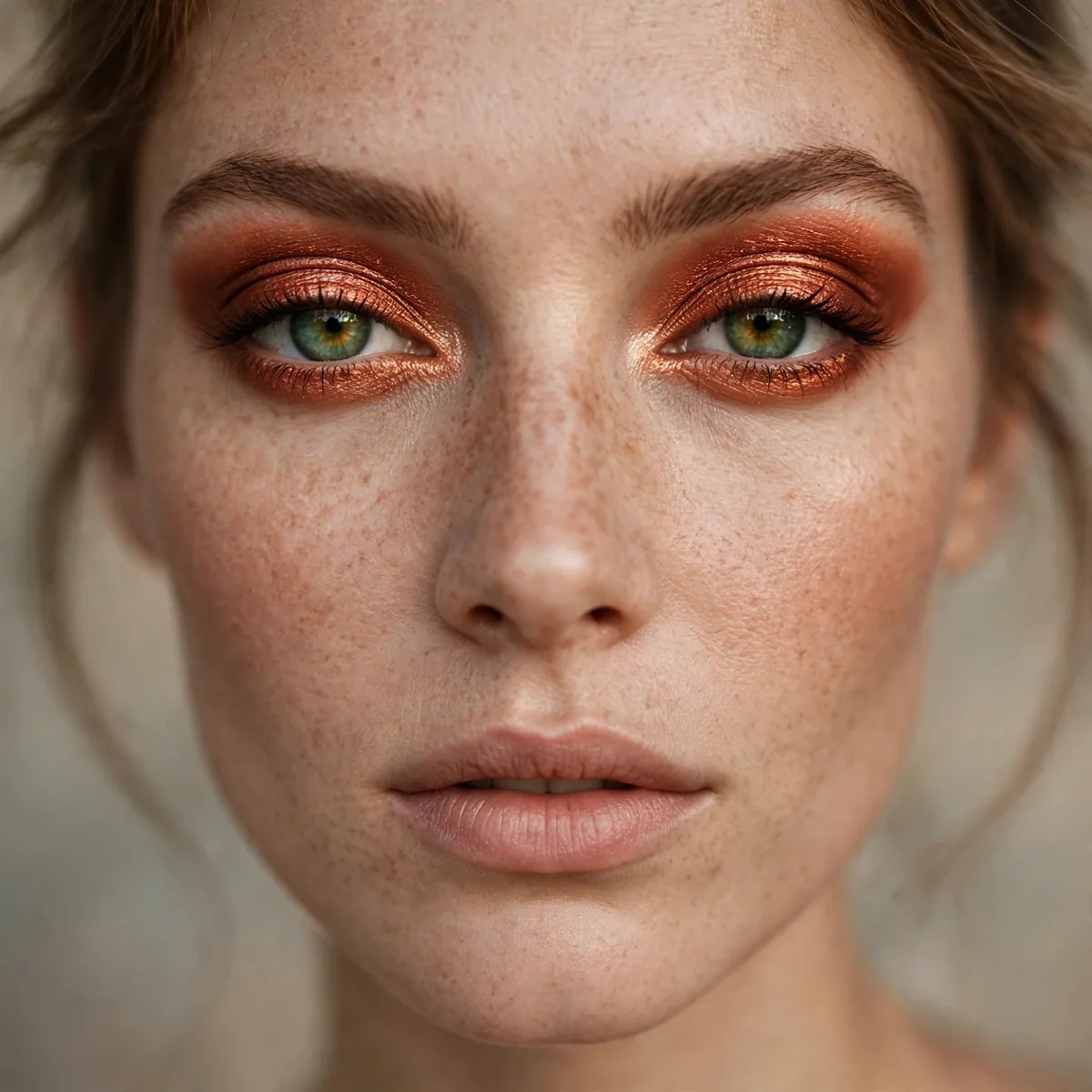 Intense copper eyeshadow on green eyes