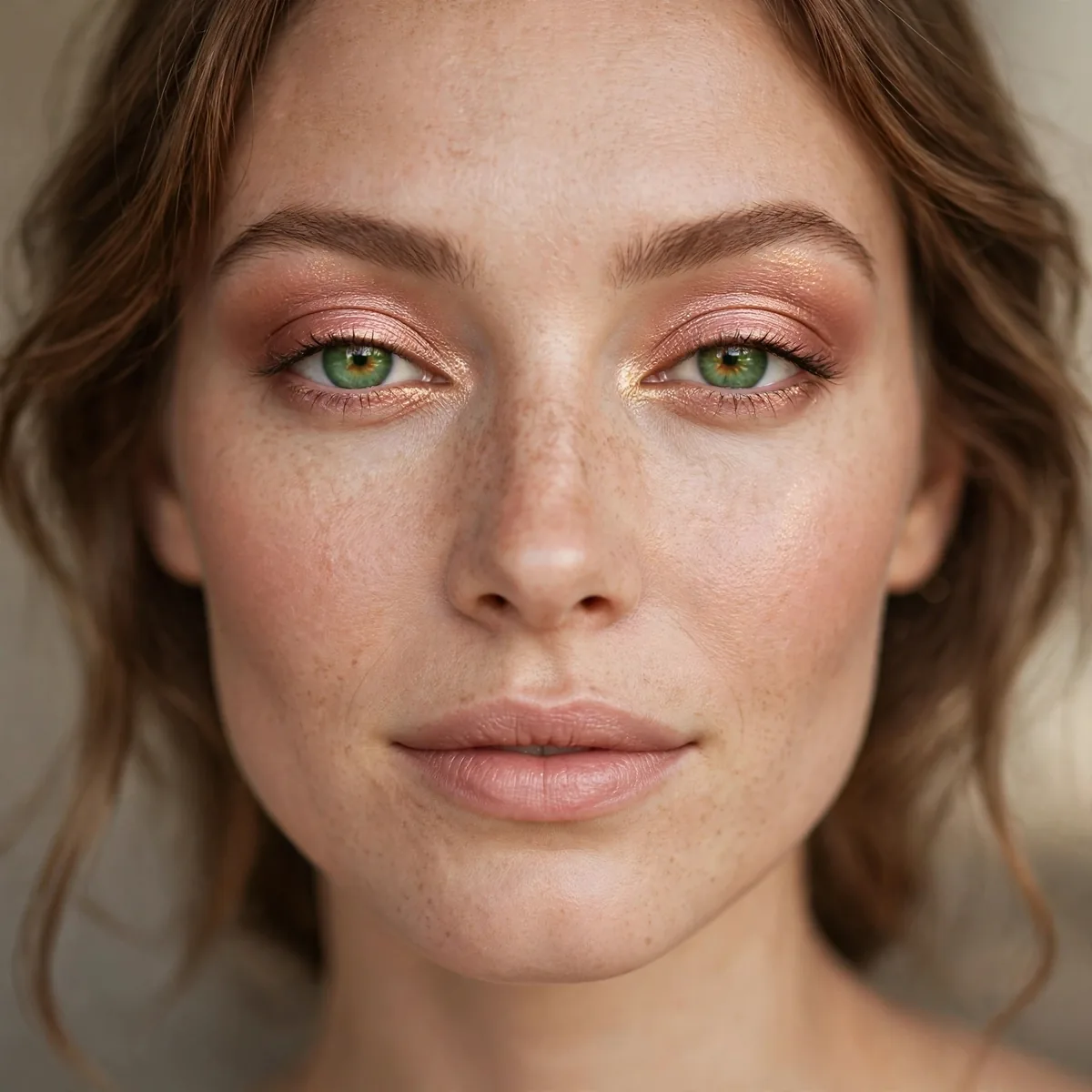 Rose gold eyeshadow on green eyes