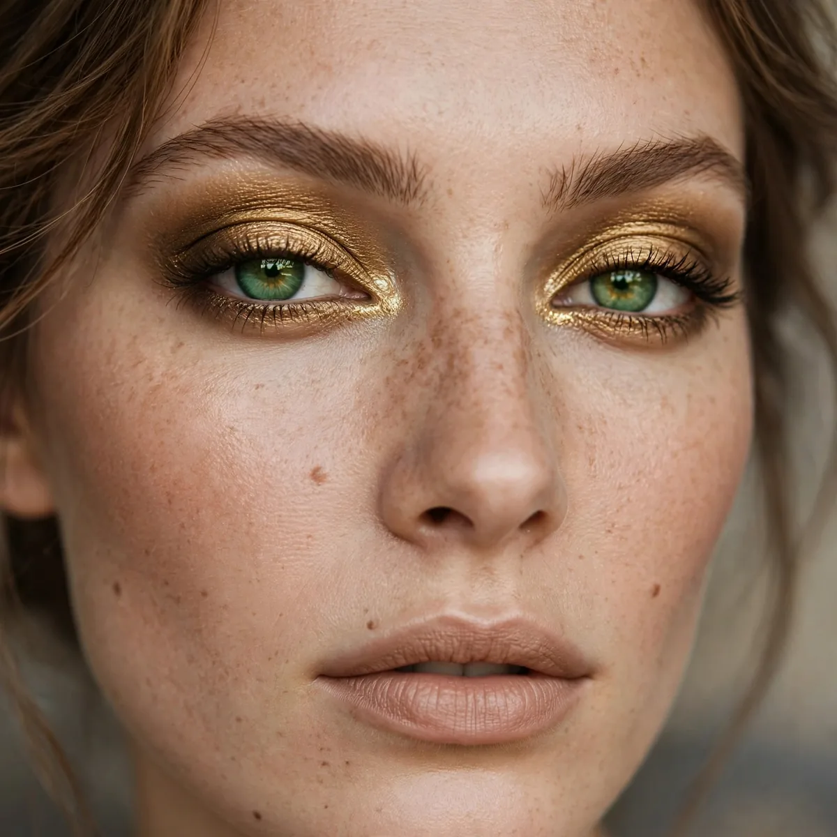 Antique gold eyeshadow on green eyes