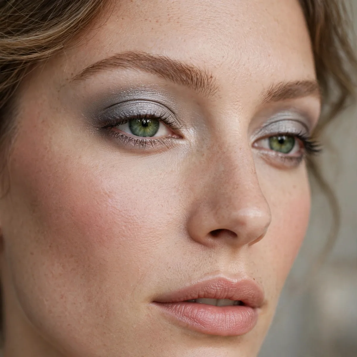 Soft pewter eyeshadow on green eyes