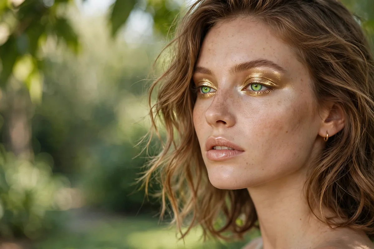 Glowing metallic eyeshadow on green eyes