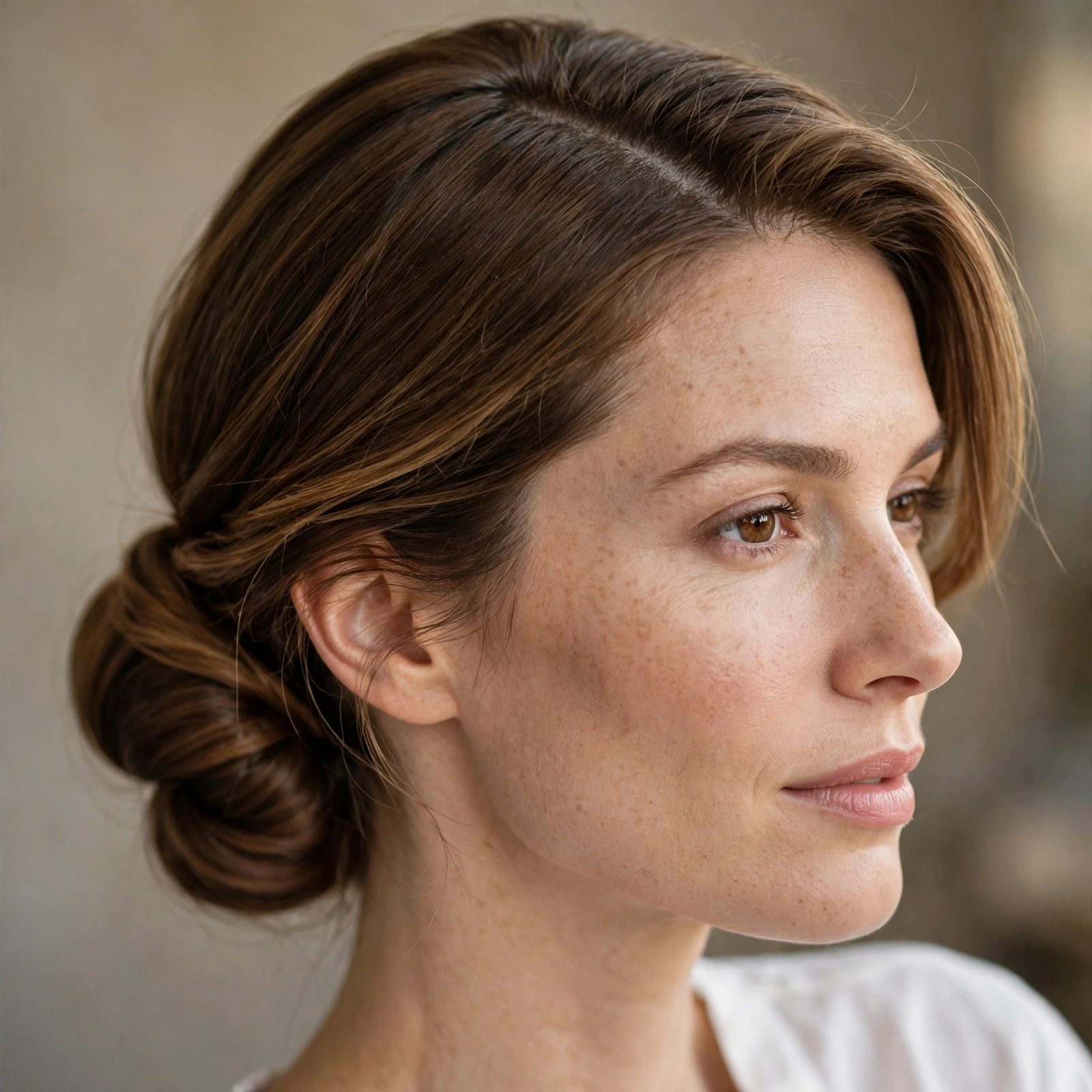 Low chignon with a deep side part