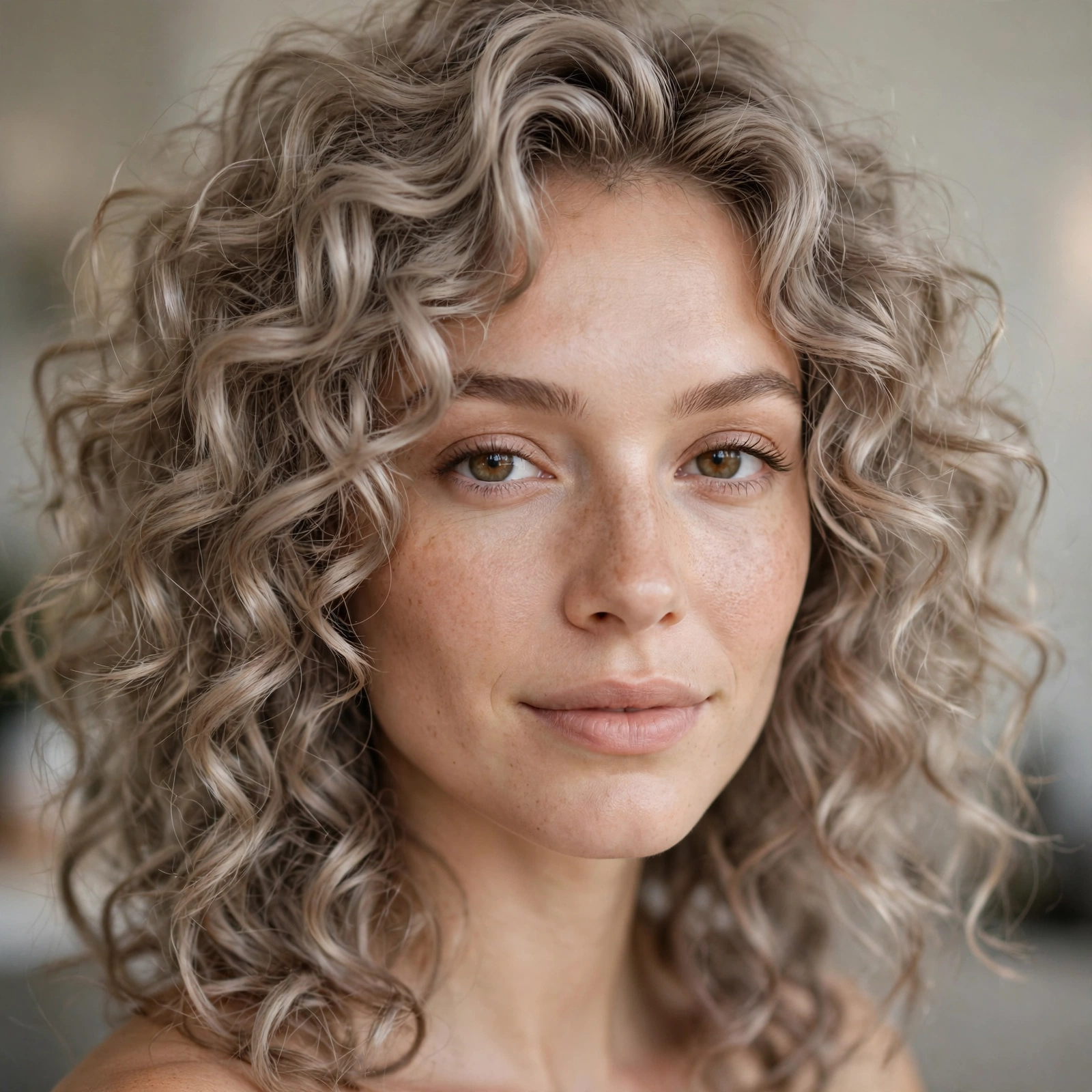 Ashy mushroom blonde curly hair