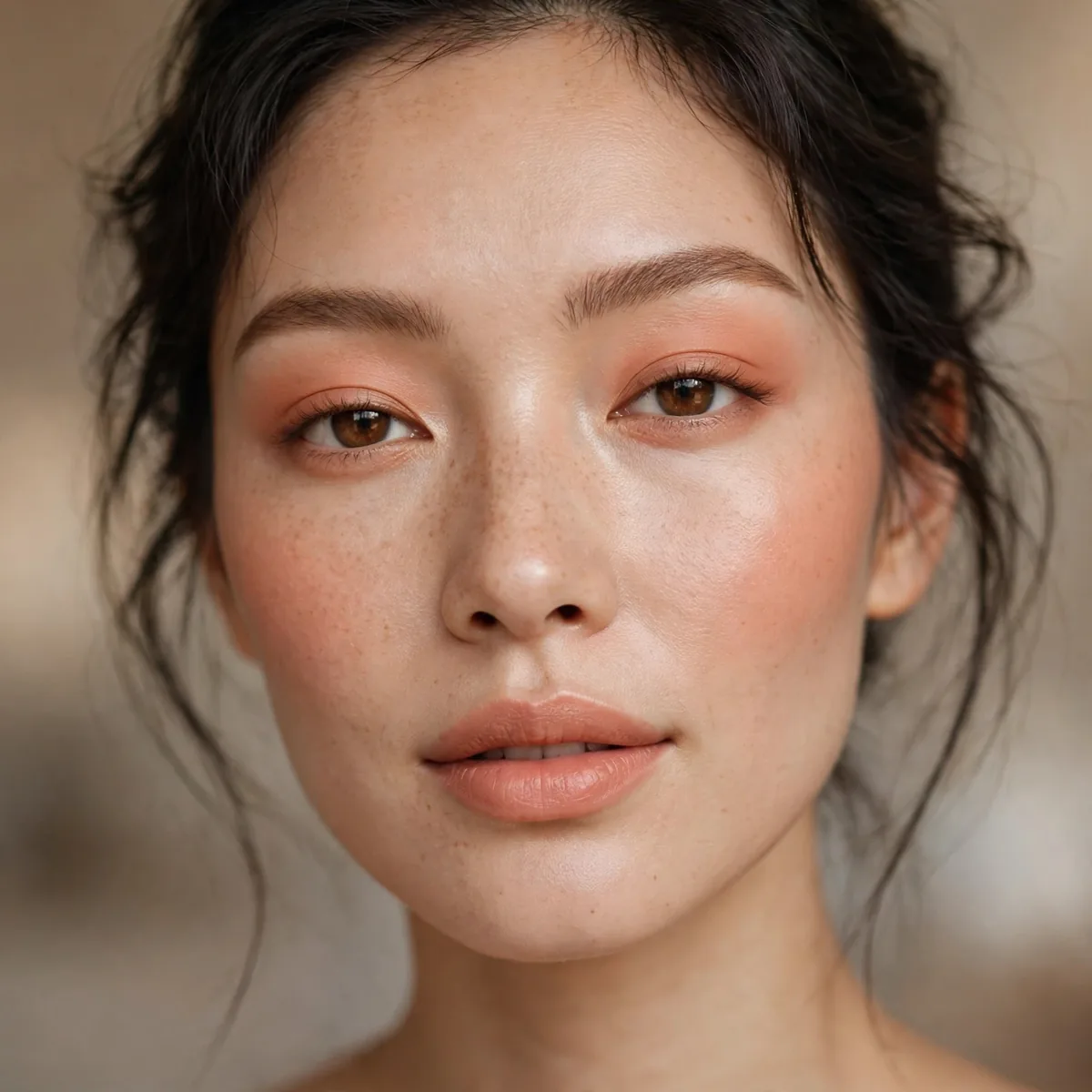 Peachy monochrome natural makeup