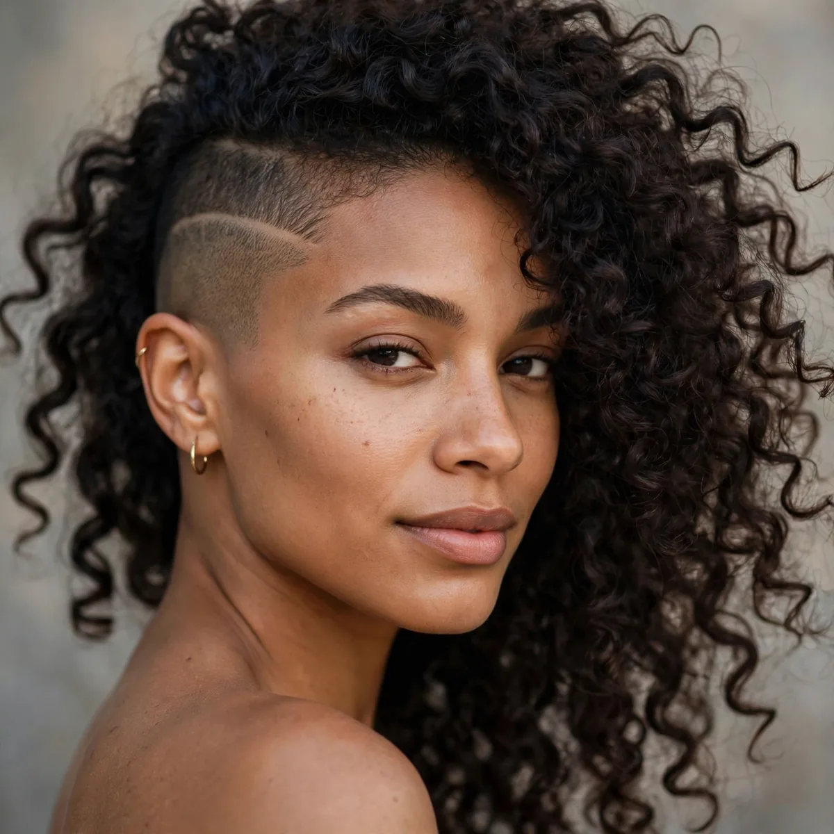 Side shaved hairstyle with full curls