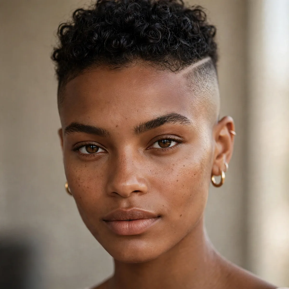 Confident bold beautiful shaved hairstyle