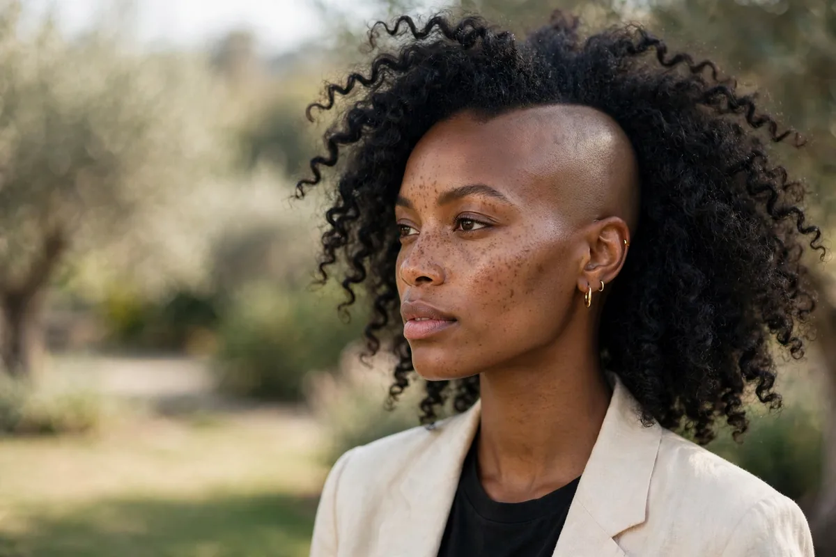 Bold one-side shaved hairstyle on Black woman with natural texture