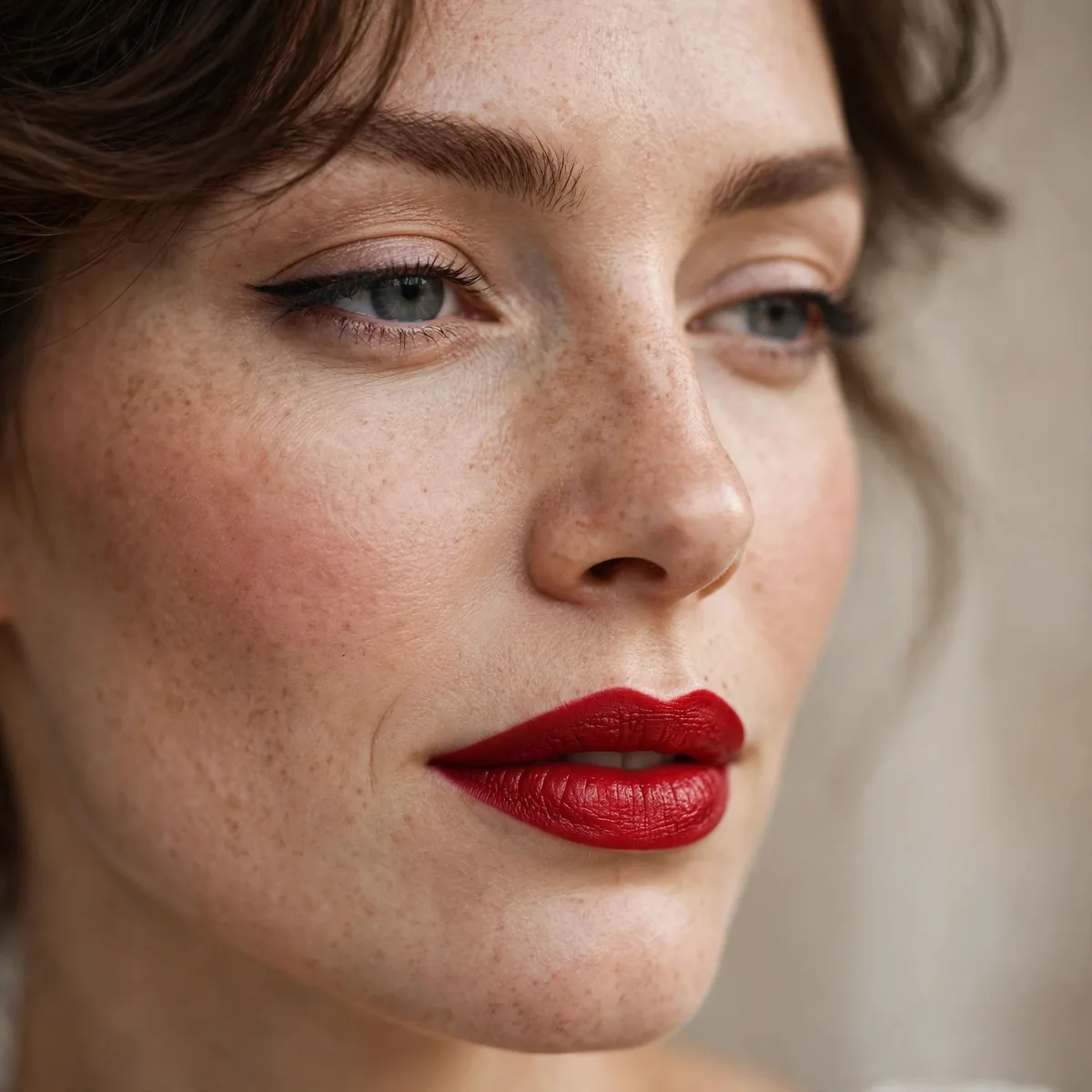 Close-up of classic red lipstick in a Parisian makeup look