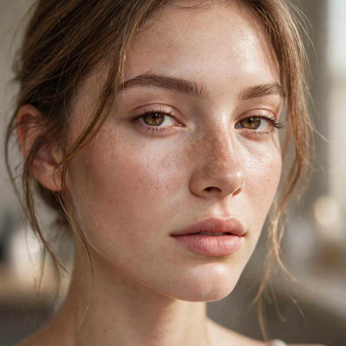 Woman with barely-there skin tint makeup in natural light