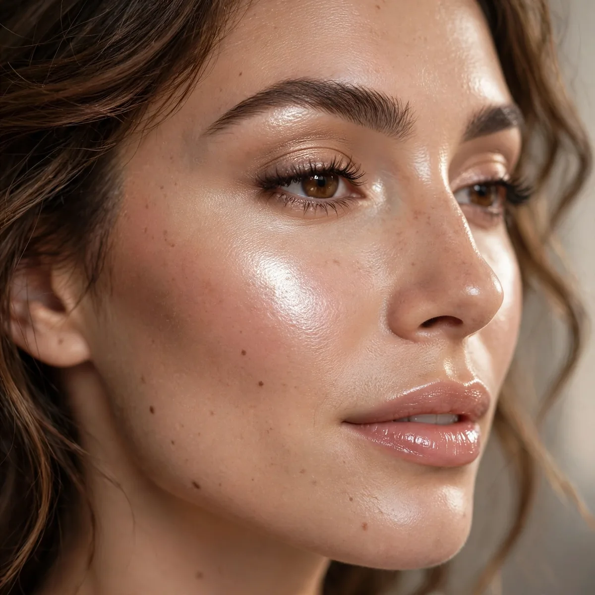Dewy highlighter glow on cheekbones