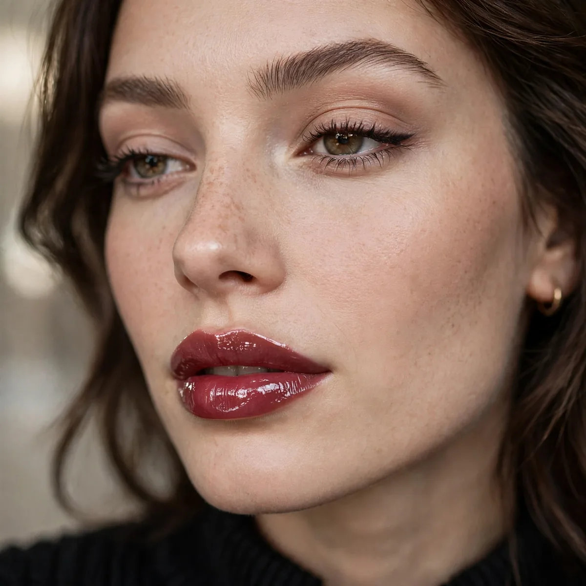 Matte skin paired with glossy lips in Parisian makeup
