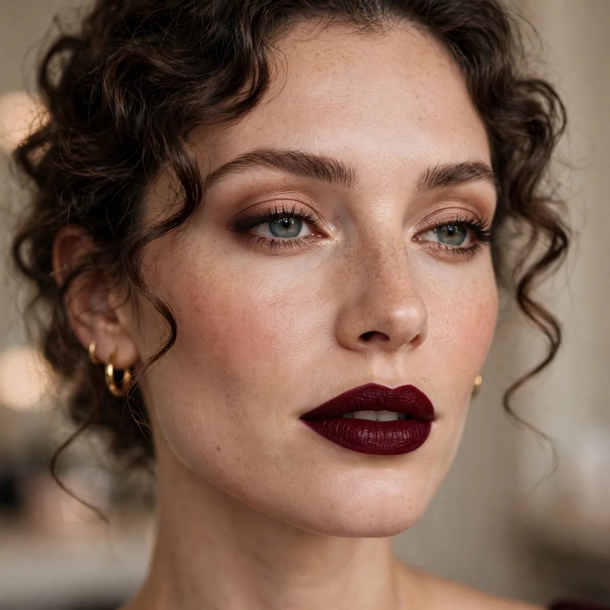 Deep burgundy lipstick for an evening Parisian look