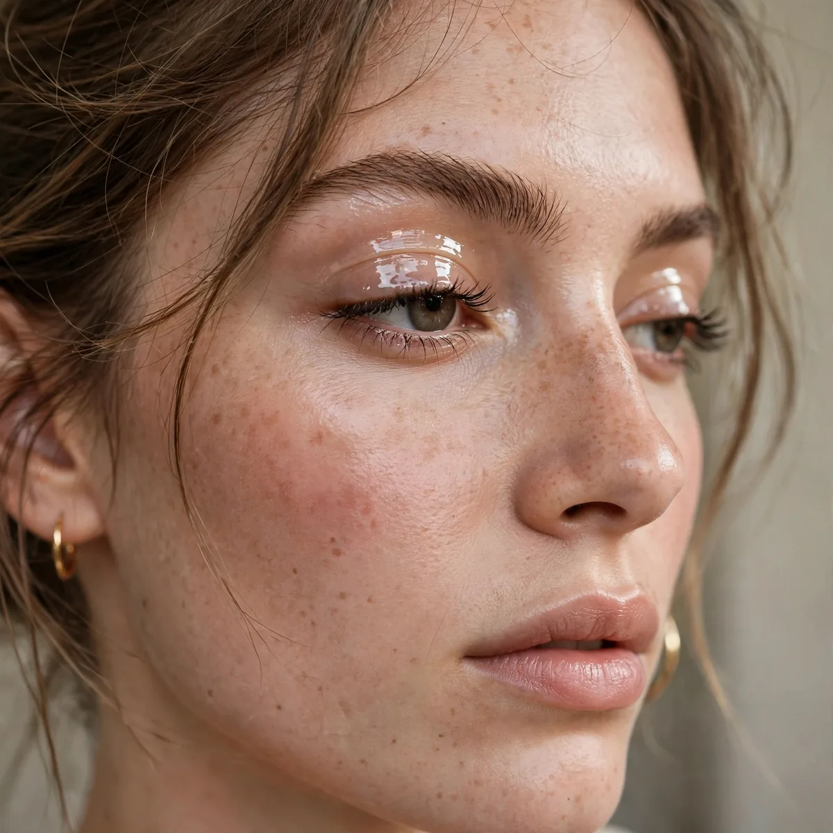 Glossy eyelids in a Parisian editorial makeup look