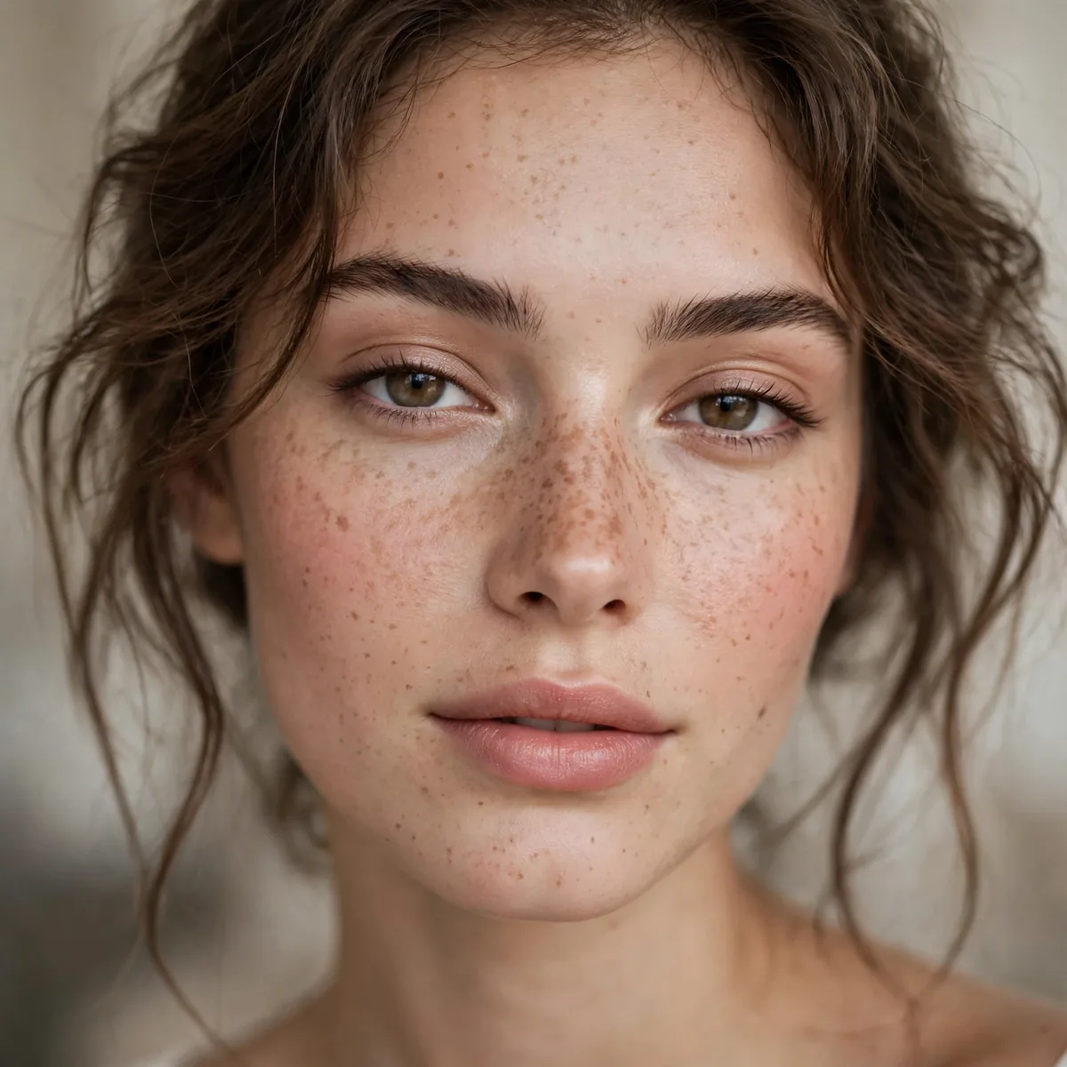 Natural-looking faux freckles in French girl makeup
