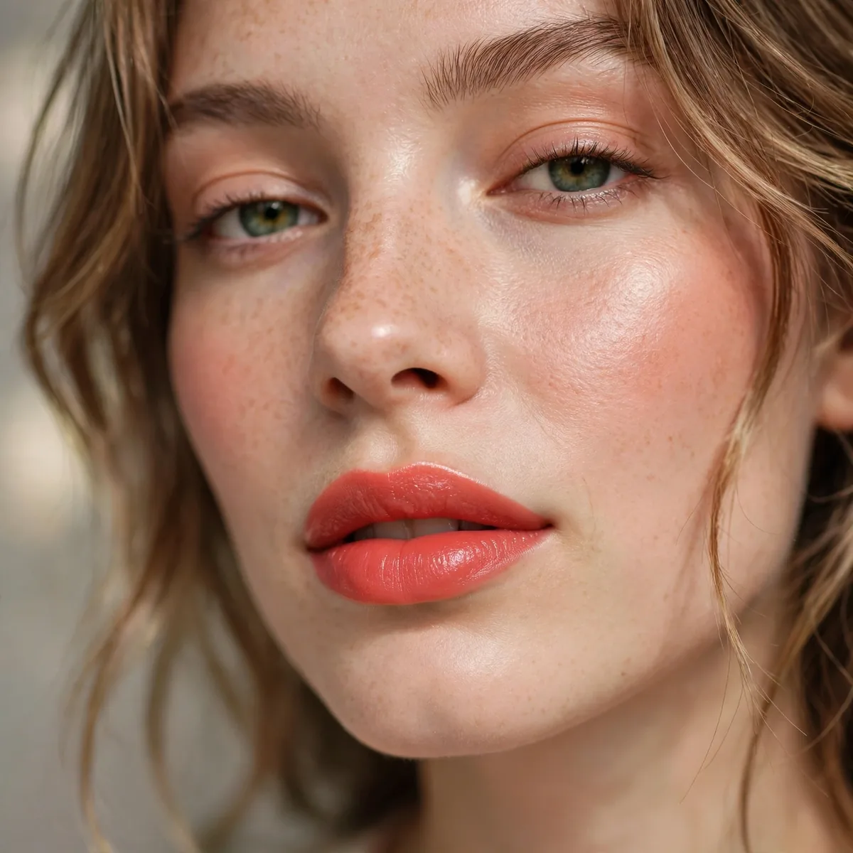 Fresh coral lip tint in a Parisian spring makeup look