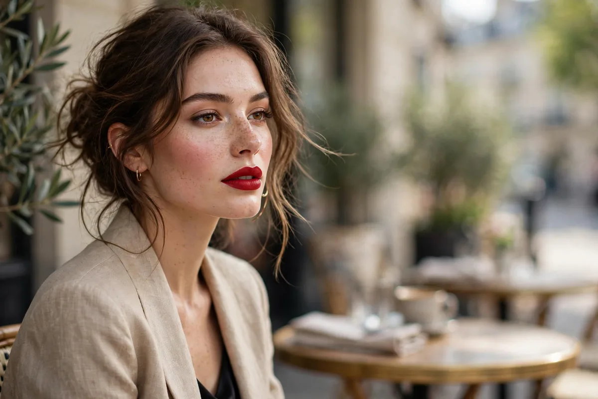 Woman wearing Parisian chic makeup with a classic red lip and soft eyeliner