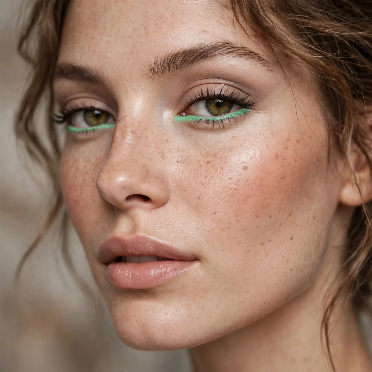 Mint green eyeliner on the lower lash line