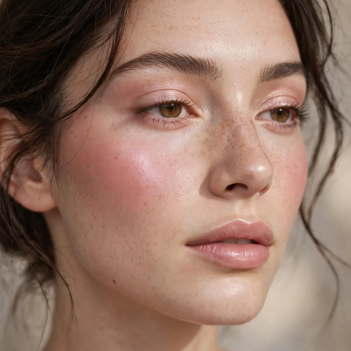 Rose quartz pink blush on cheekbones