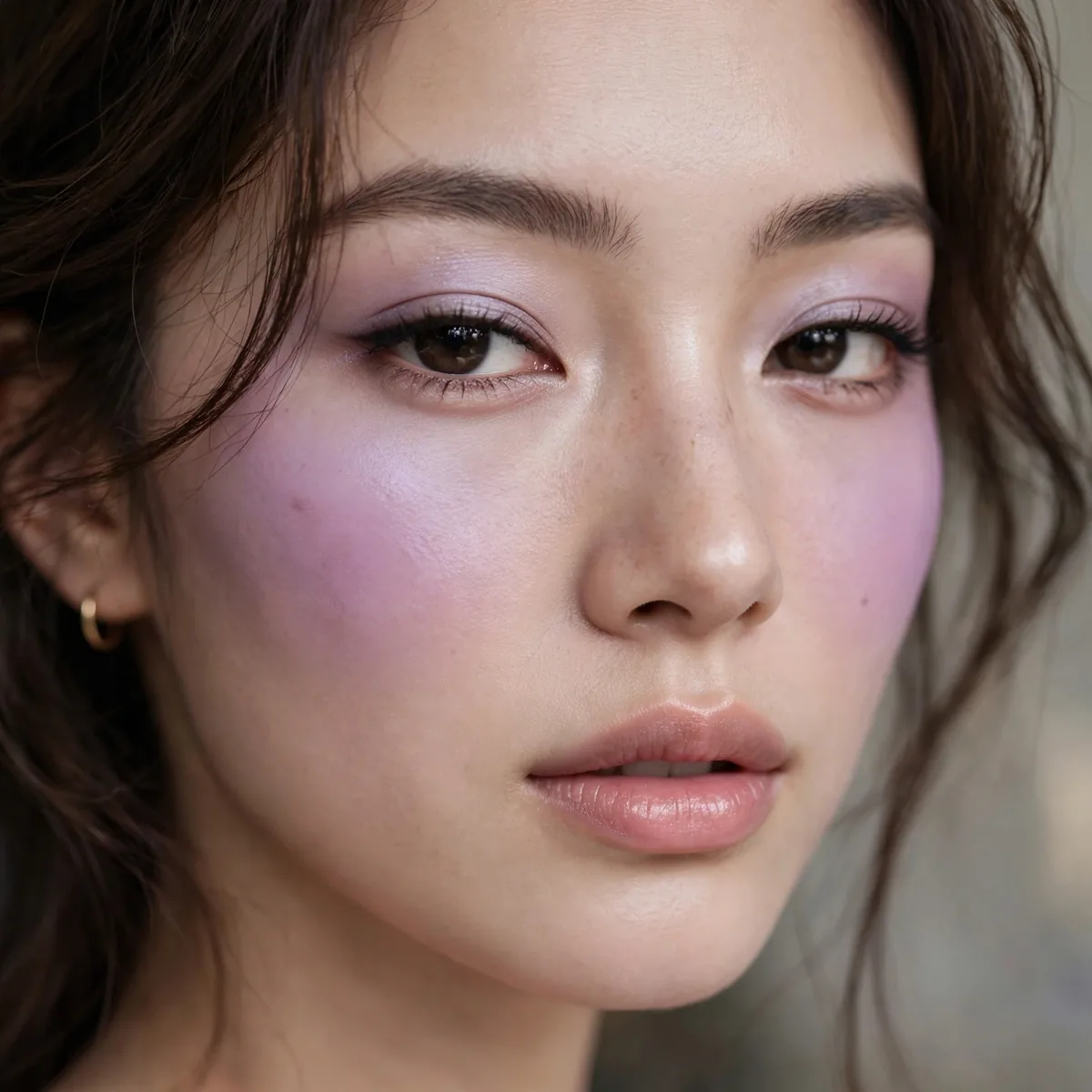 Cool lilac blush on cheeks for a unique flush