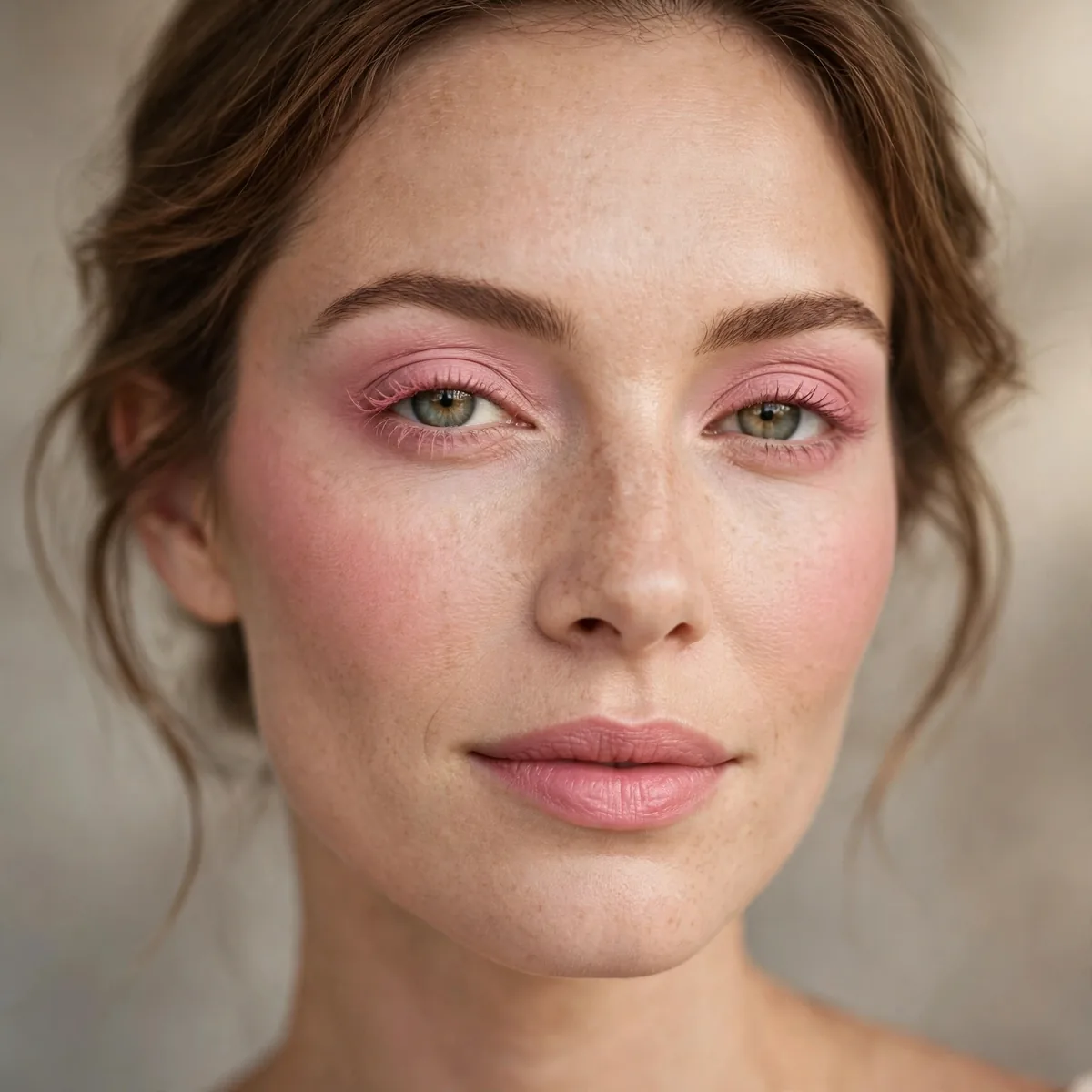 Monochrome petal pink makeup on eyes lips and cheeks