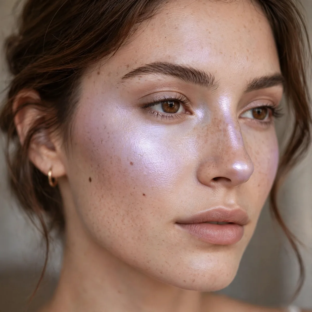 Frosted lilac highlighter on cheekbones and nose