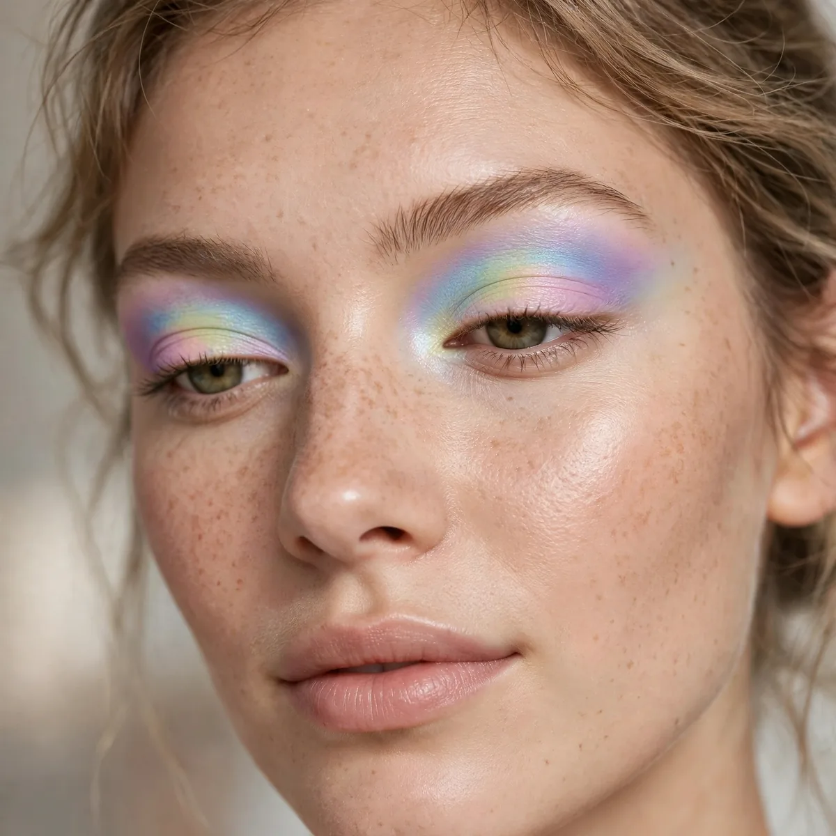 Soft pastel rainbow eyeshadow blended on eyelids